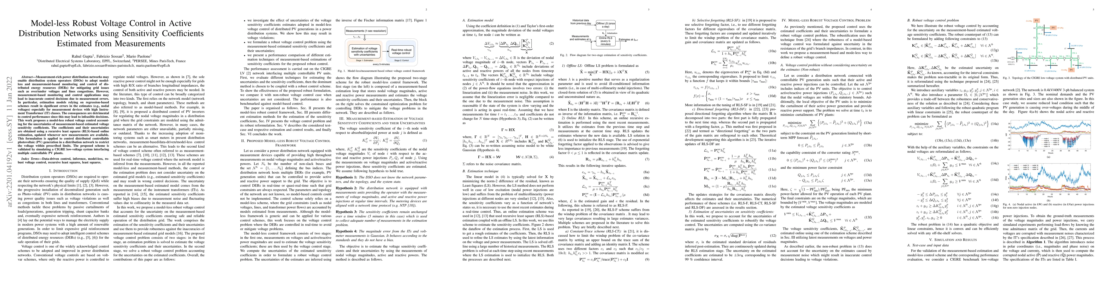Thumbnail for Model-less Robust Voltage Control in Active Distribution Networks using
  Sensitivity Coefficients Estimated from Measurements
