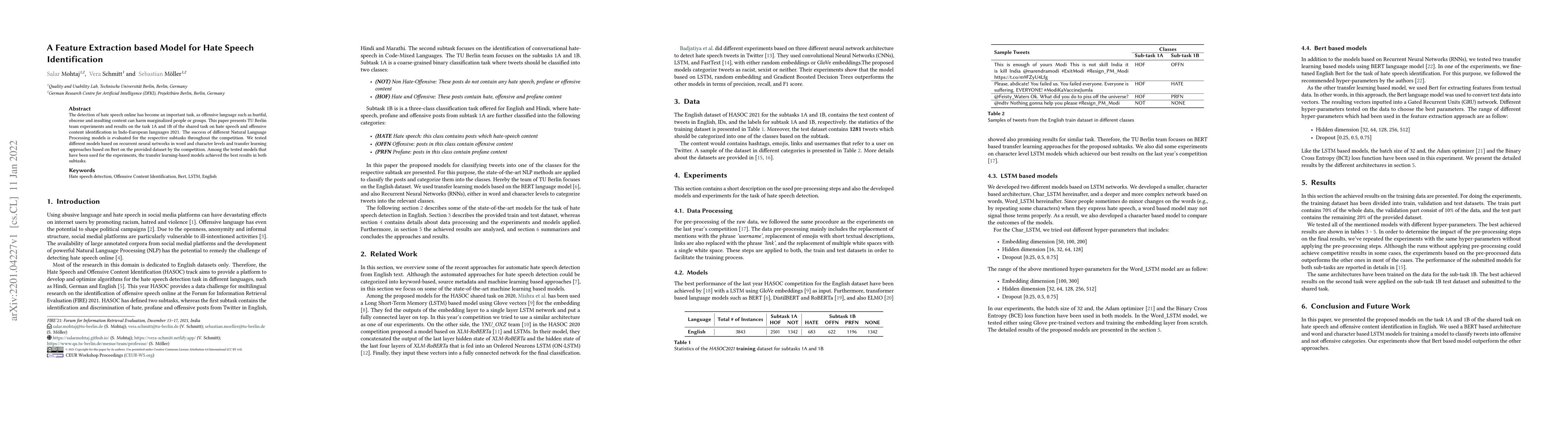 Thumbnail for A Feature Extraction based Model for Hate Speech Identification