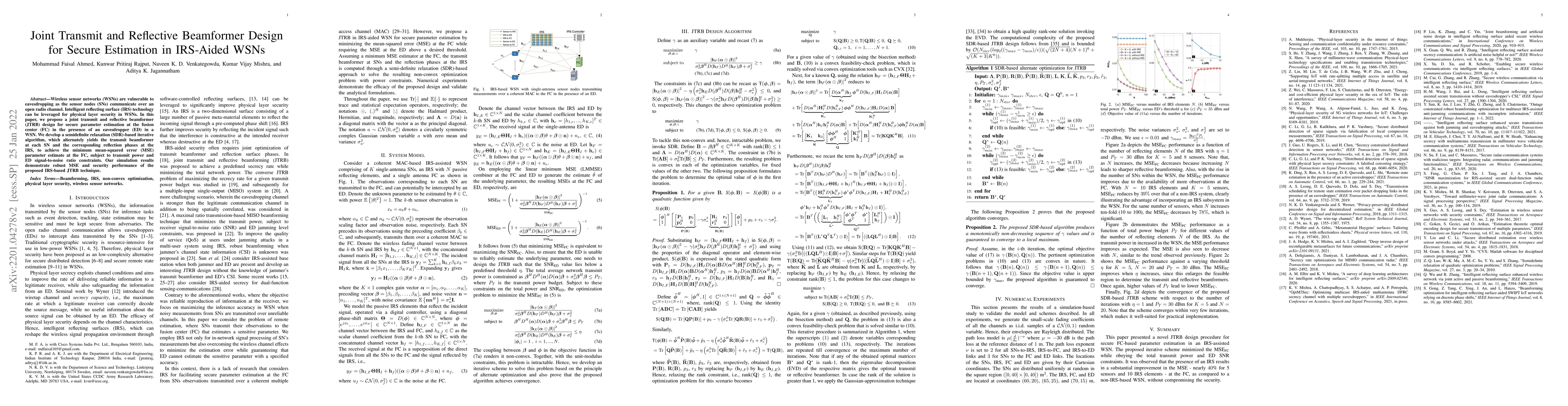 Thumbnail for Joint Transmit and Reflective Beamformer Design for Secure Estimation in
  IRS-Aided WSNs