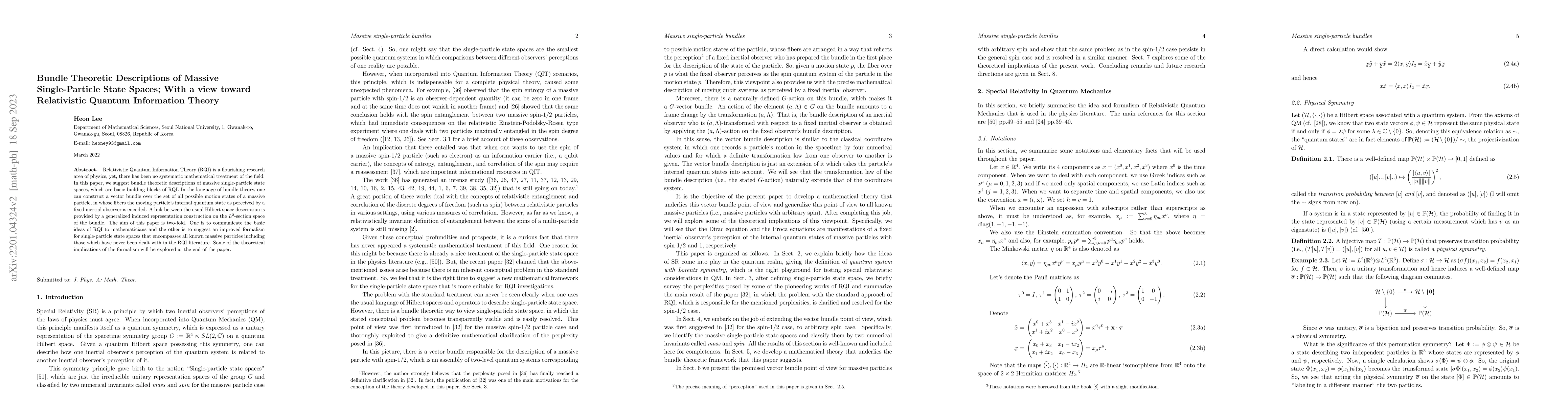 Thumbnail for Bundle Theoretic Descriptions of Massive Single-Particle State Spaces;
  With a view toward Relativistic Quantum Information Theory
