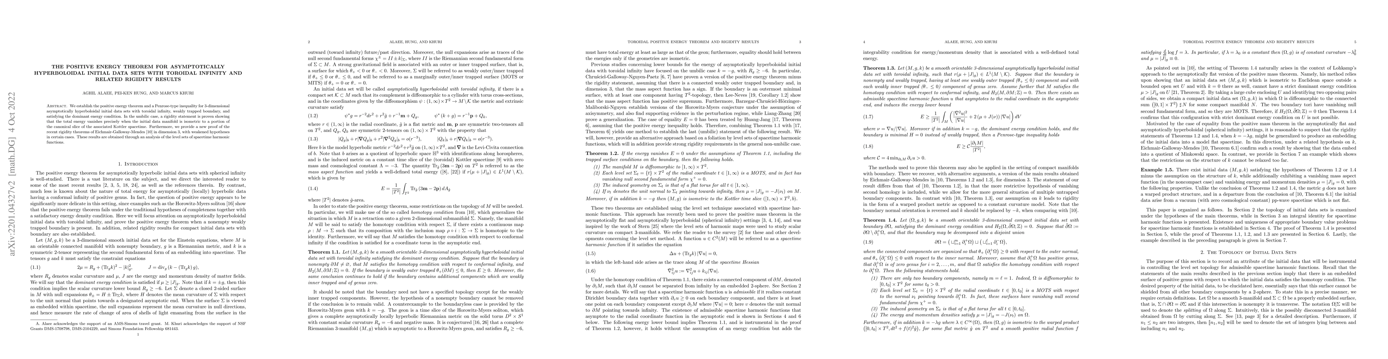 Thumbnail for The Positive Energy Theorem for Asymptotically Hyperboloidal Initial
  Data Sets With Toroidal Infinity and Related Rigidity Results