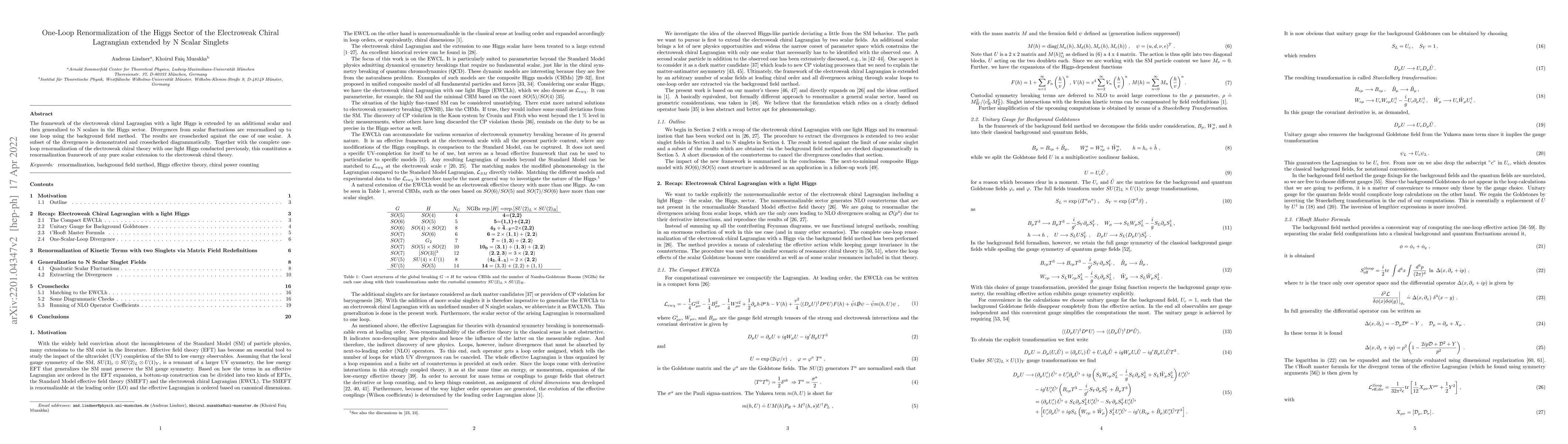 Thumbnail for One-Loop Renormalization of the Higgs Sector of the Electroweak Chiral
  Lagrangian extended by N Scalar Singlets