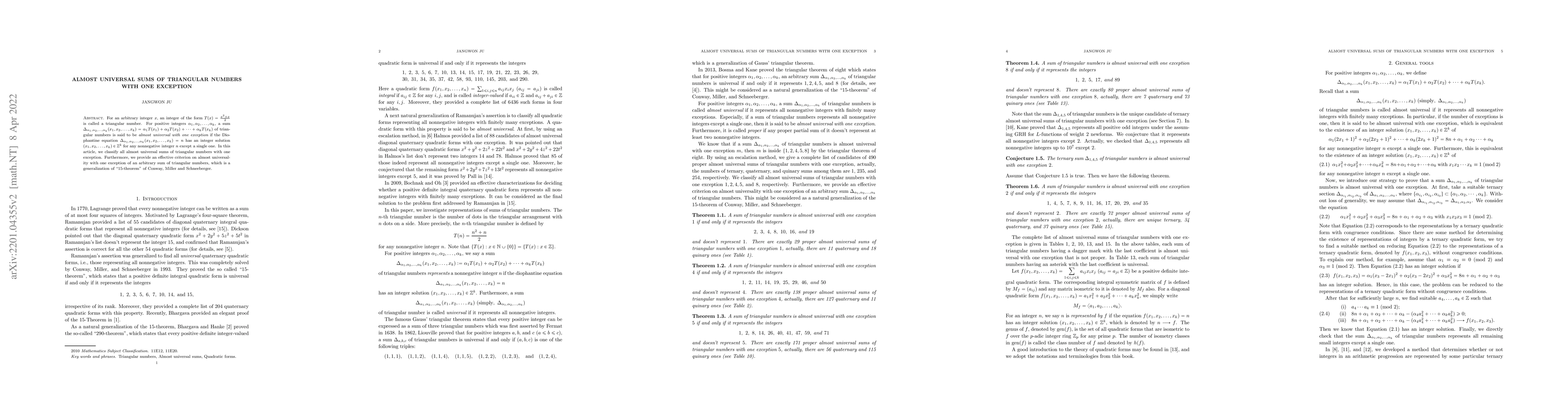 Thumbnail for Almost universal sums of triangular numbers with one exception