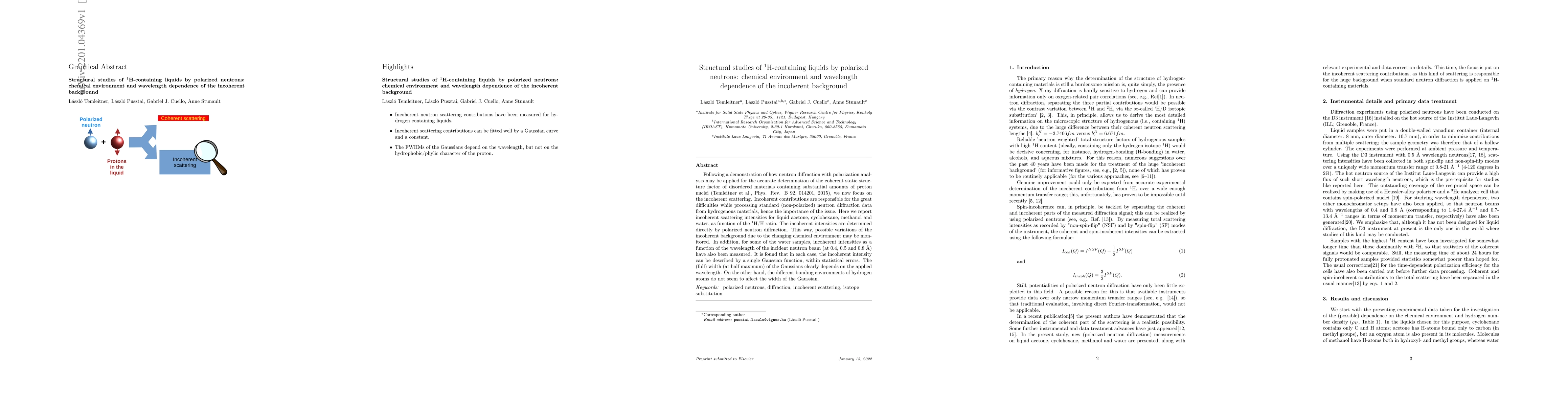 Thumbnail for Structural studies of $^1$H-containing liquids by polarized neutrons:
  chemical environment and wavelength dependence of the incoherent background