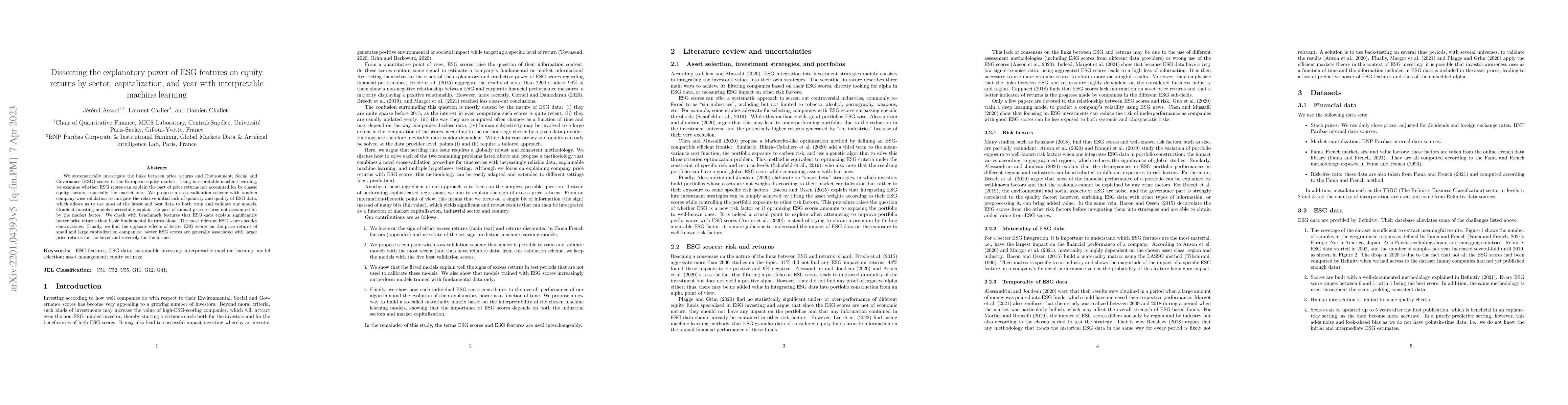 Thumbnail for Dissecting the explanatory power of ESG features on equity returns by
  sector, capitalization, and year with interpretable machine learning