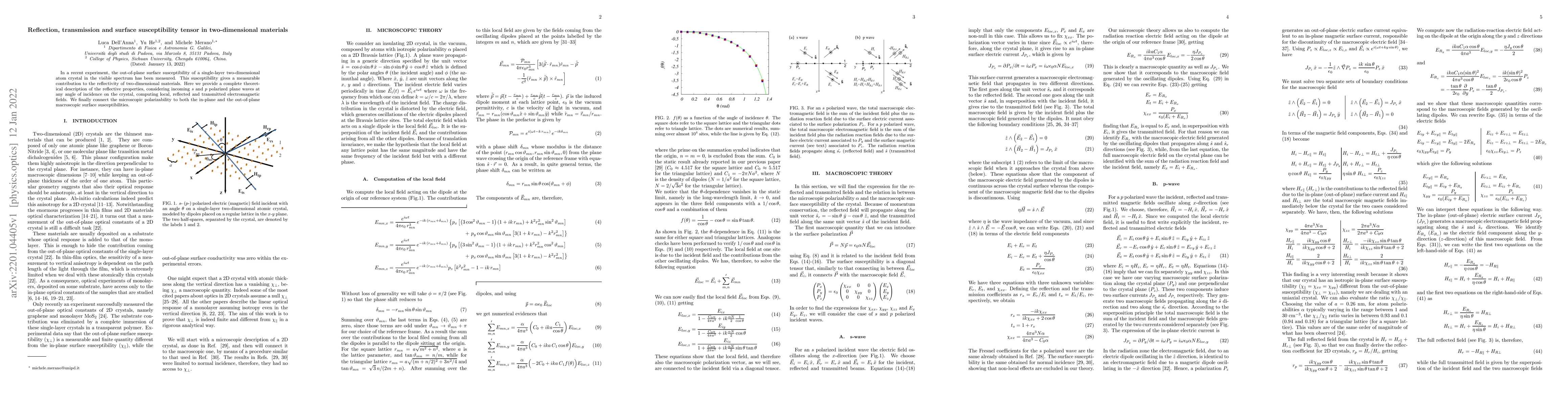 Thumbnail for Reflection, transmission and surface susceptibility tensor in
  two-dimensional materials