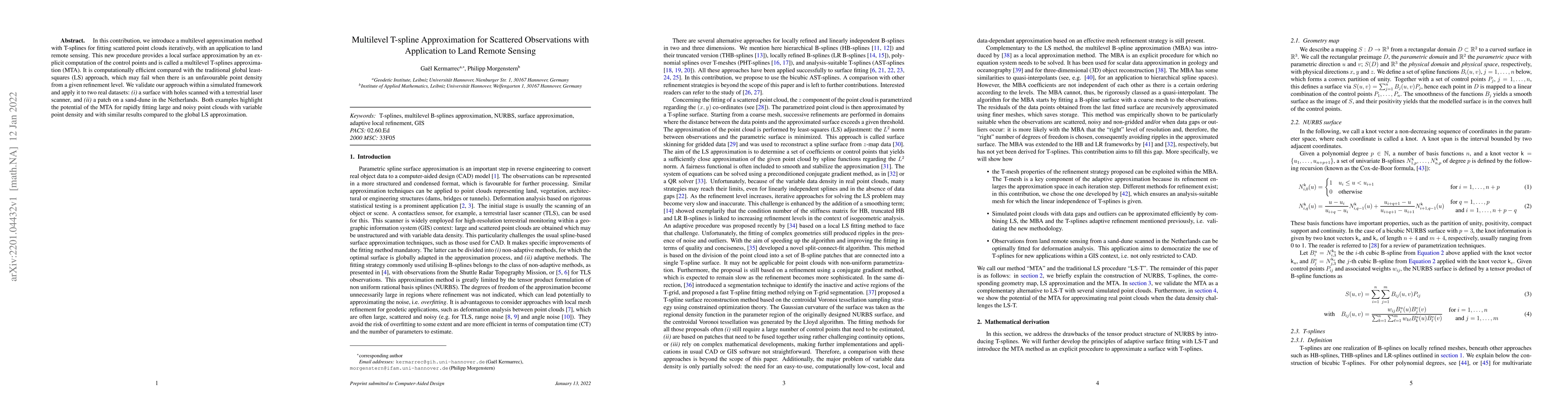 Thumbnail for Multilevel T-spline Approximation for Scattered Observations with
  Application to Land Remote Sensing