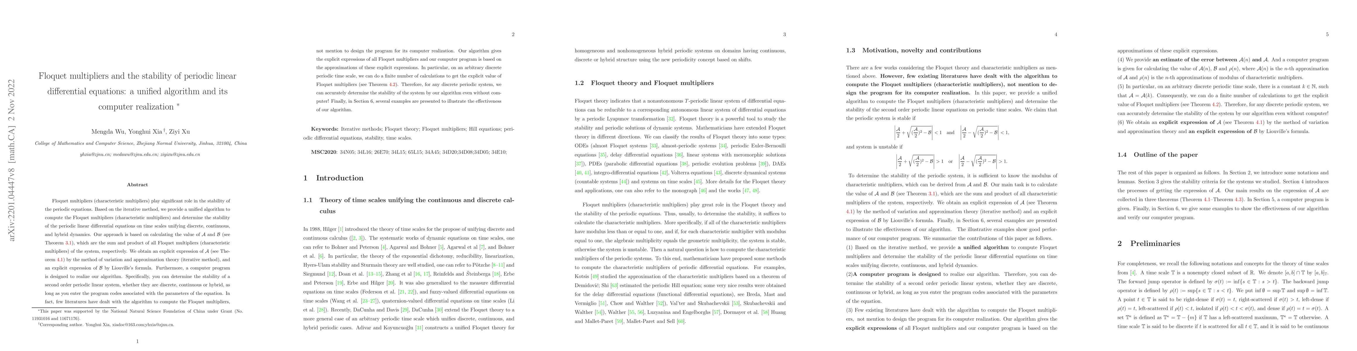Thumbnail for Floquet multipliers and the stability of periodic linear differential
  equations: a unified algorithm and its computer realization