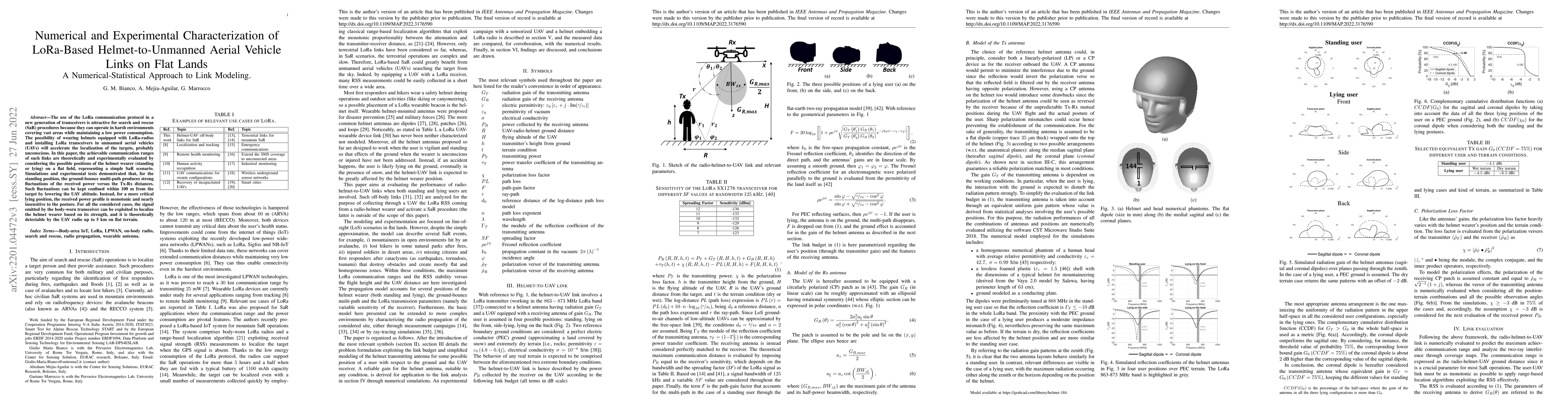Thumbnail for Numerical and Experimental Characterization of LoRa-Based
  Helmet-to-Unmanned Aerial Vehicle Links on Flat Lands: A
  Numerical-Statistical Approach to Link Modeling