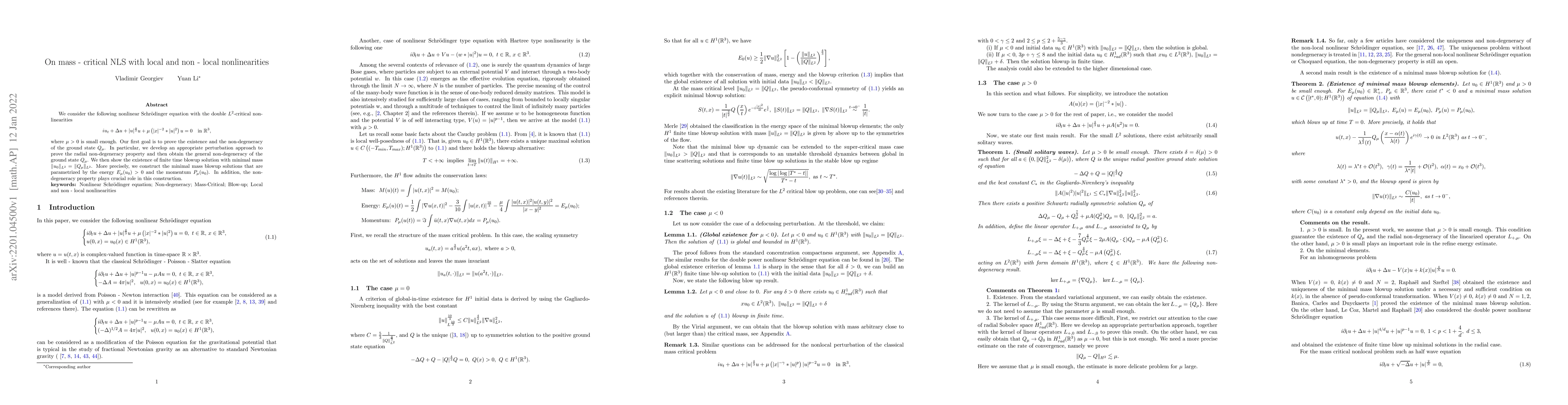 Thumbnail for On mass - critical NLS with local and non-local nonlinearities