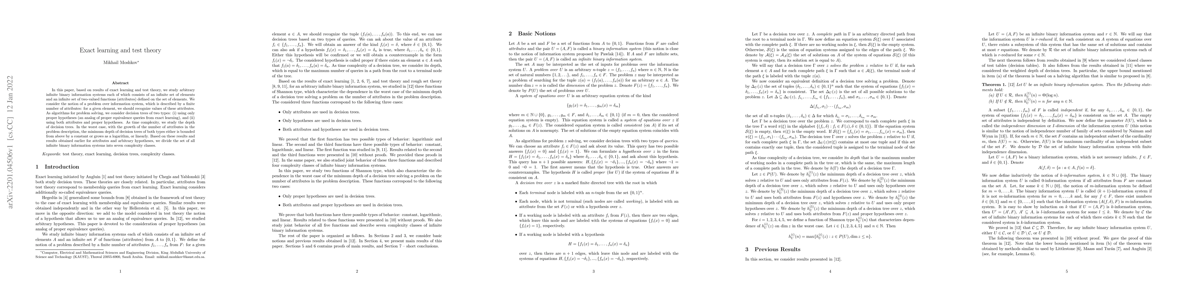 Thumbnail for Exact learning and test theory