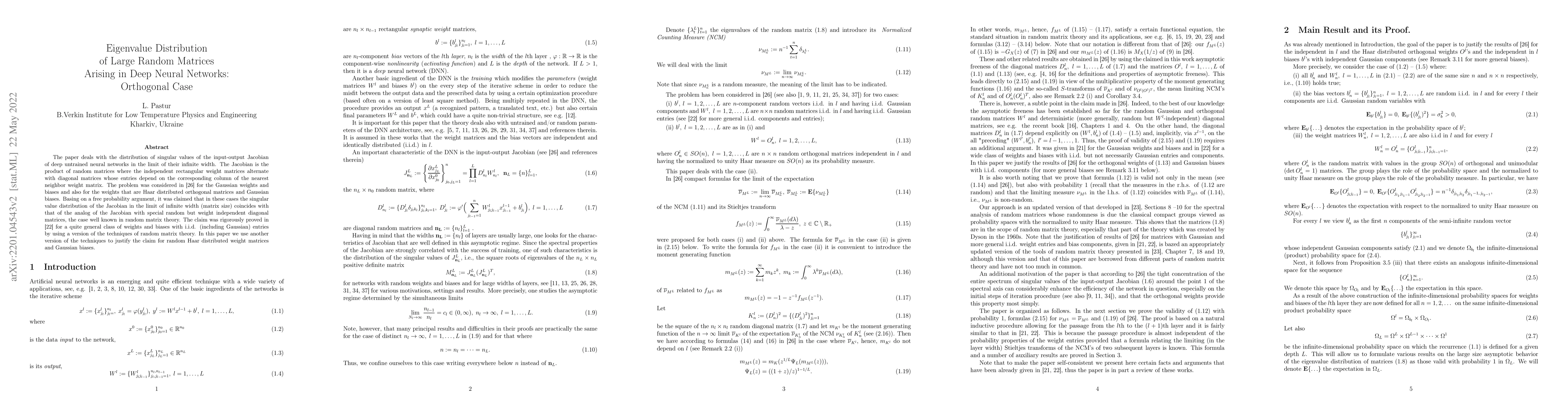 Thumbnail for Eigenvalue Distribution of Large Random Matrices Arising in Deep Neural
  Networks: Orthogonal Case