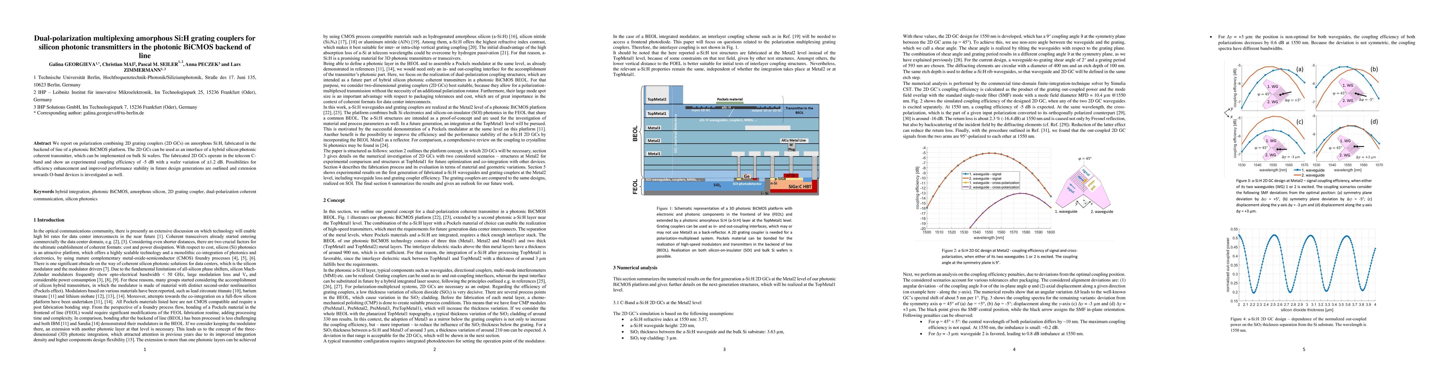 Thumbnail for Dual-polarization multiplexing amorphous Si:H grating couplers for
  silicon photonic transmitters in the photonic BiCMOS backend of line