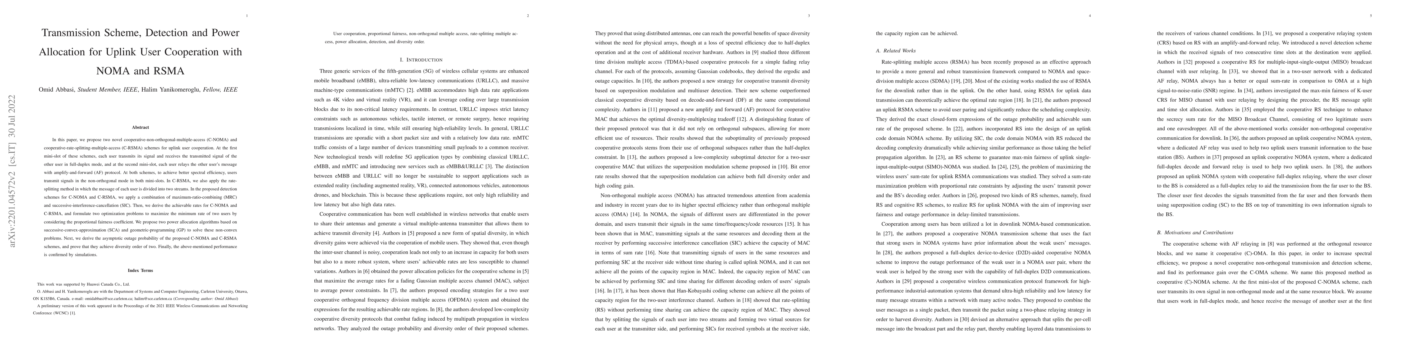 Thumbnail for Transmission Scheme, Detection and Power Allocation for Uplink User
  Cooperation with NOMA and RSMA