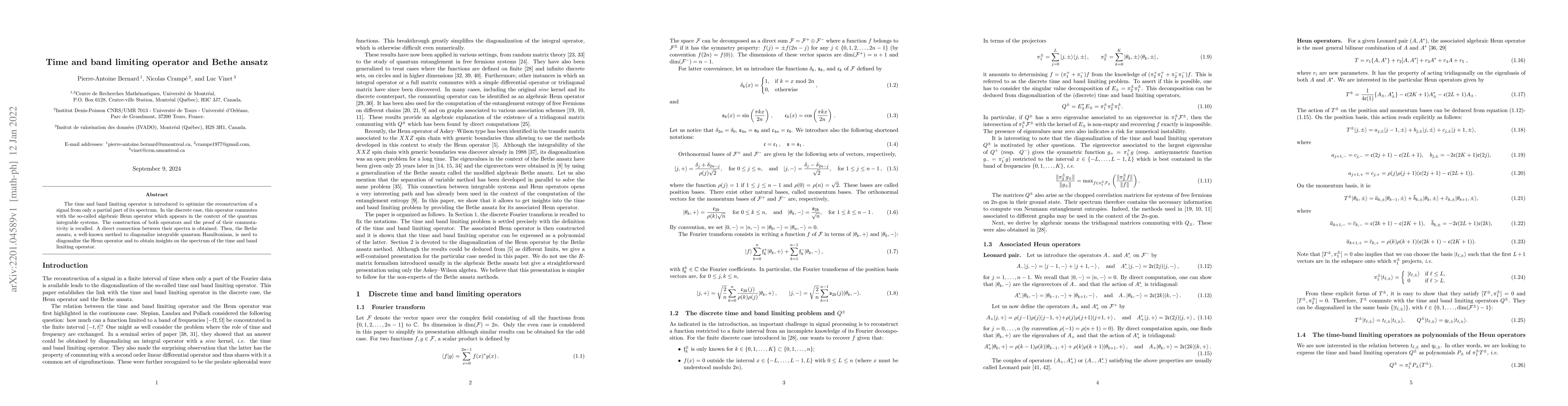 Thumbnail for Time and band limiting operator and Bethe ansatz