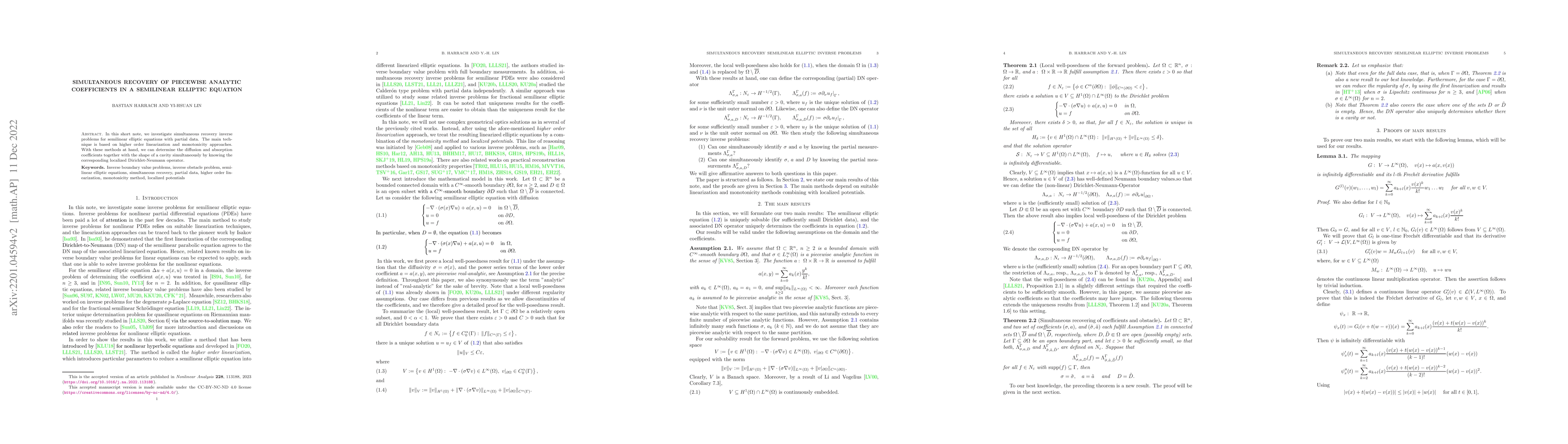 Thumbnail for Simultaneous recovery of piecewise analytic coefficients in a semilinear
  elliptic equation