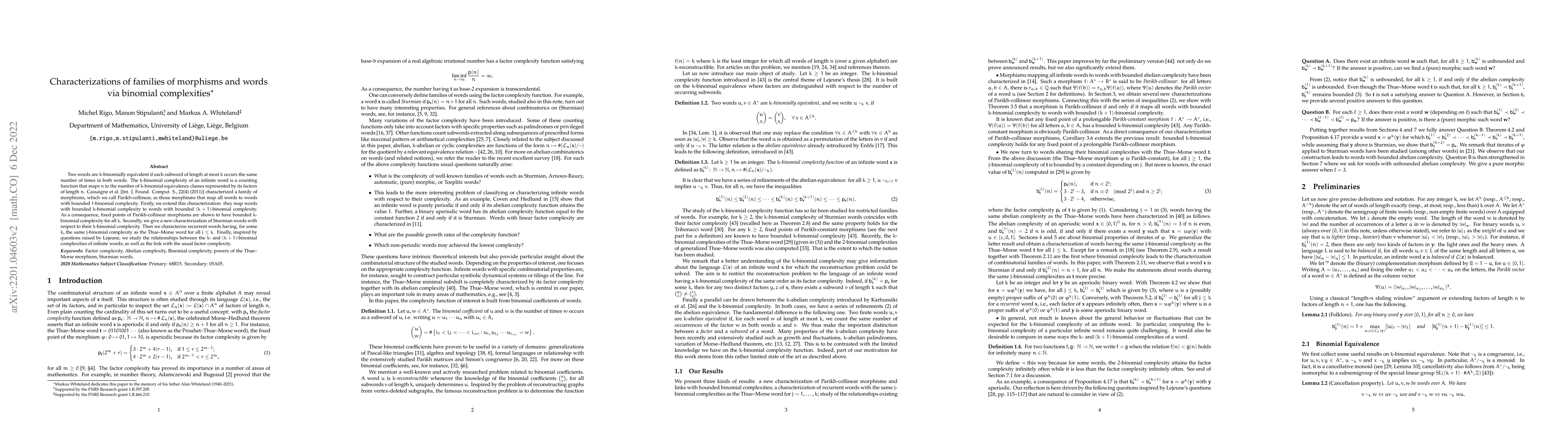 Thumbnail for Characterizations of families of morphisms and words via binomial
  complexities