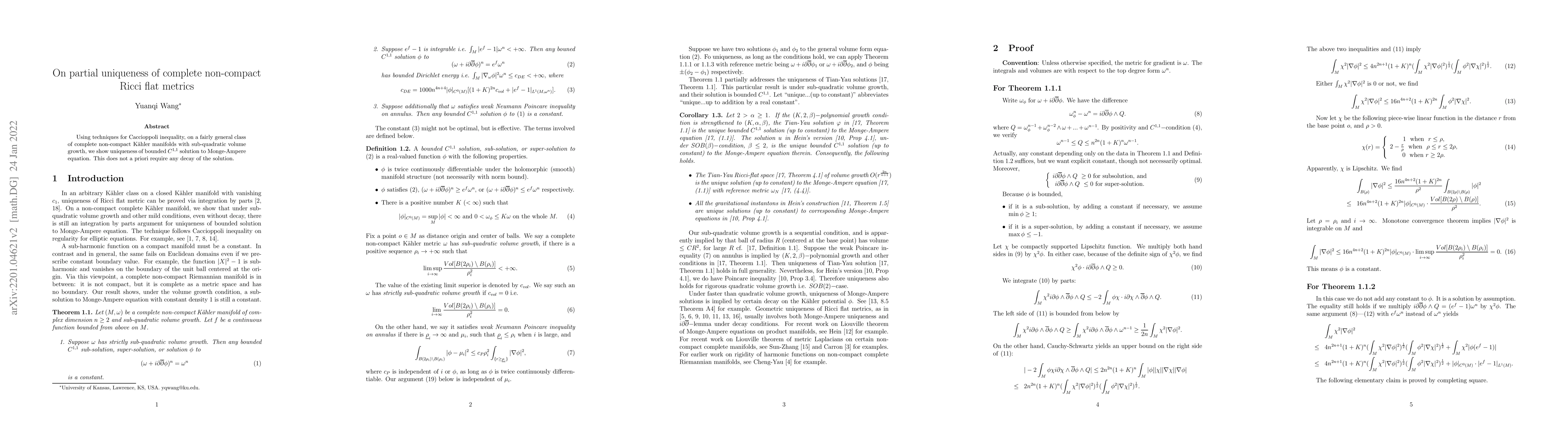Thumbnail for On partial uniqueness of complete non-compact Ricci flat metrics