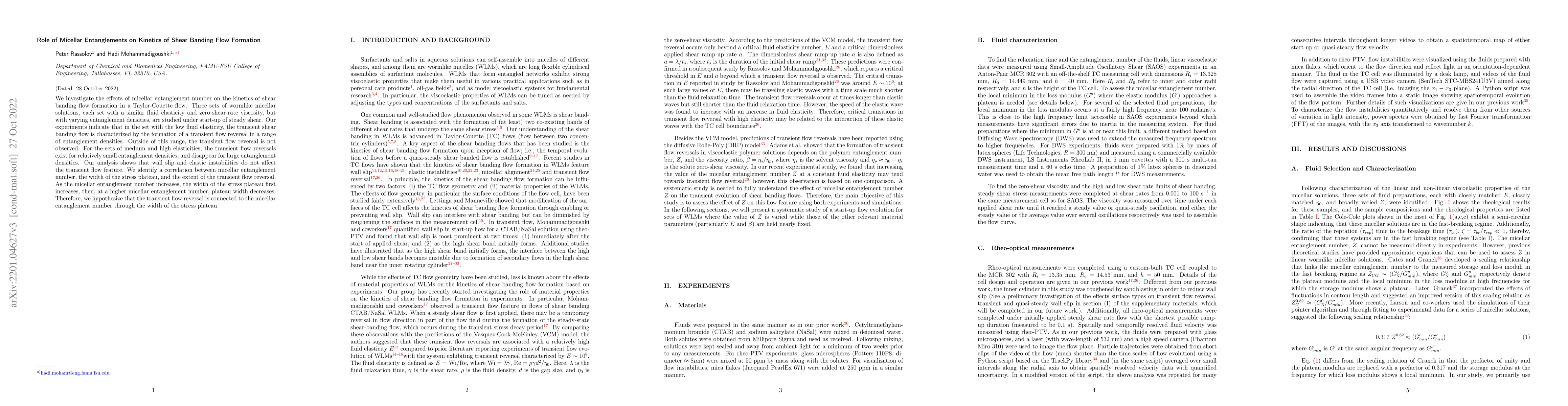 Thumbnail for Role of Micellar Entanglement Density on Kinetics of Shear Banding Flow
  Formation