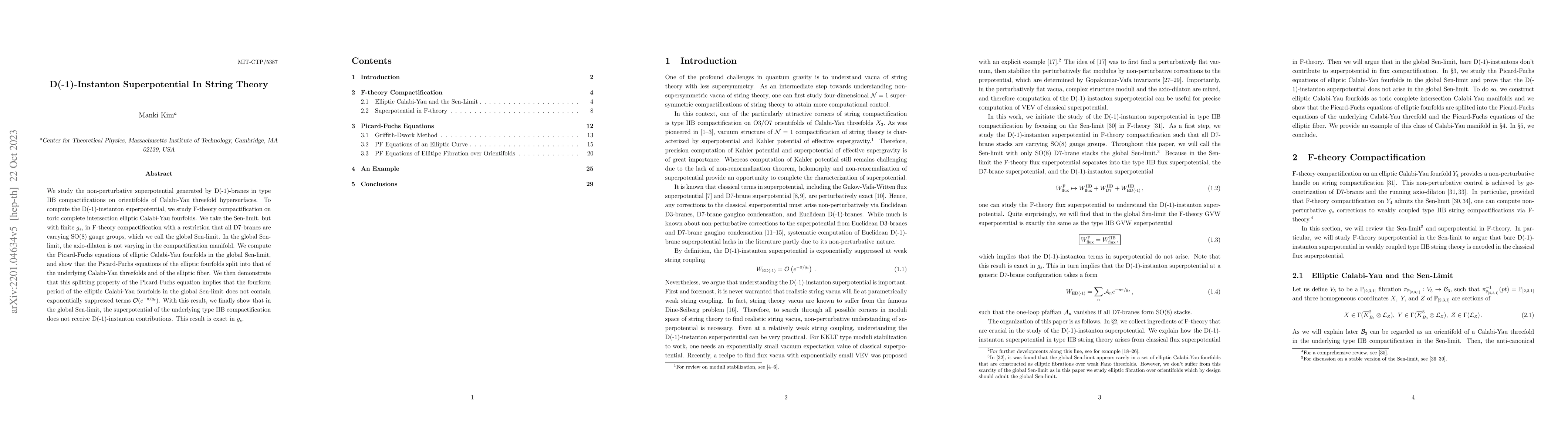 Thumbnail for D(-1)-Instanton Superpotential In String Theory
