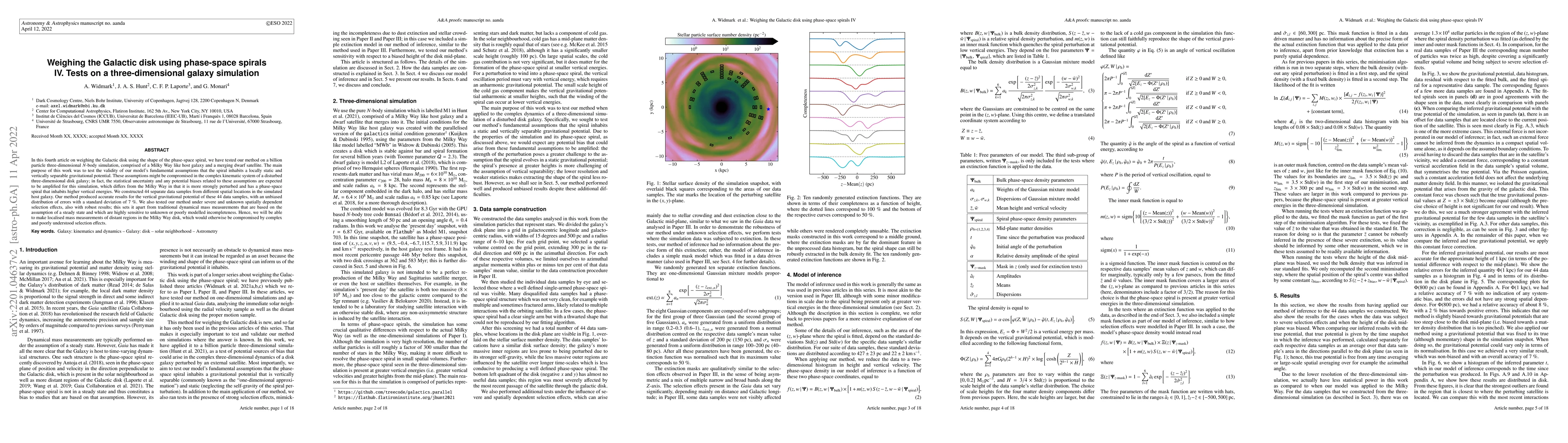 Thumbnail for Weighing the Galactic disk using phase-space spirals IV. Tests on a
  three-dimensional galaxy simulation