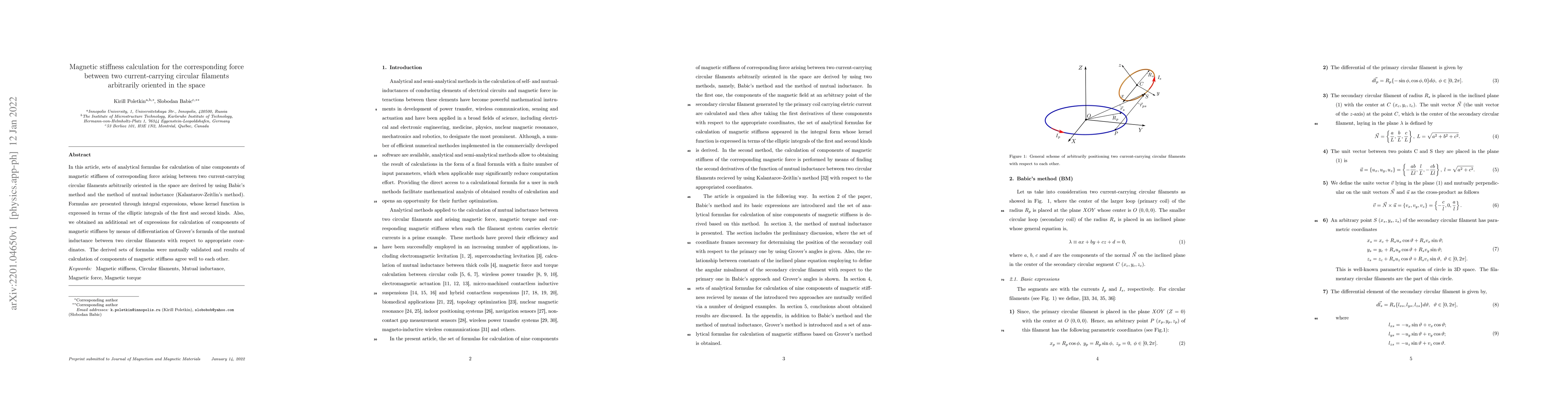 Thumbnail for Magnetic stiffness calculation for the corresponding force between two
  current-carrying circular filaments arbitrarily oriented in the space
