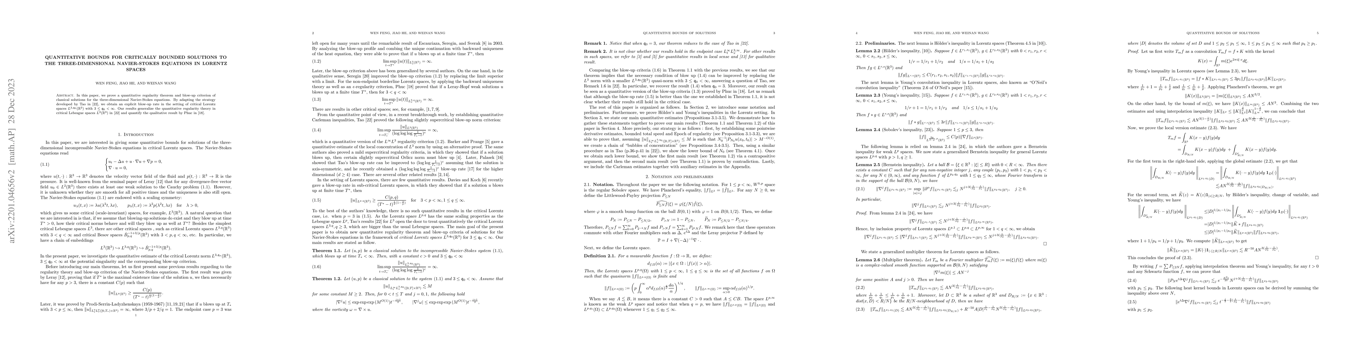 Thumbnail for Quantitative bounds for critically bounded solutions to the
  three-dimensional Navier-Stokes equations in Lorentz spaces