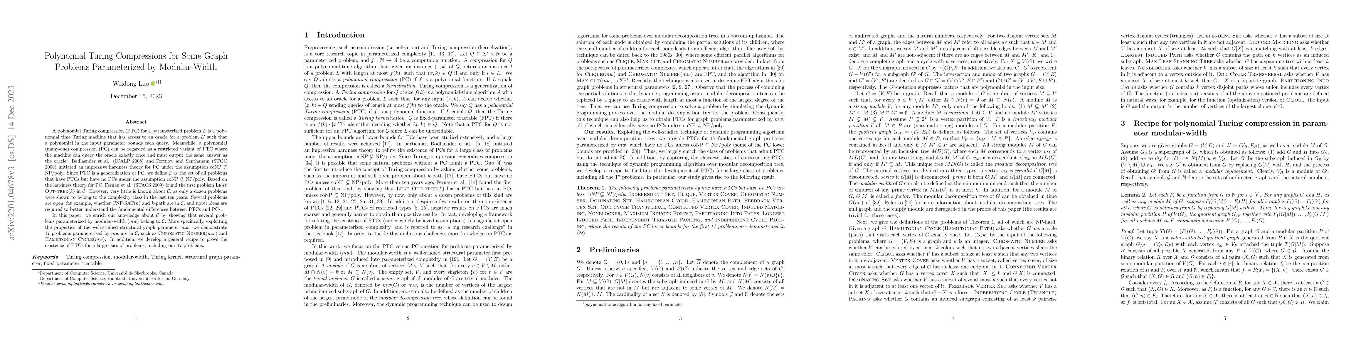 Thumbnail for Polynomial Turing Compressions for Some Graph Problems Parameterized by
  Modular-Width