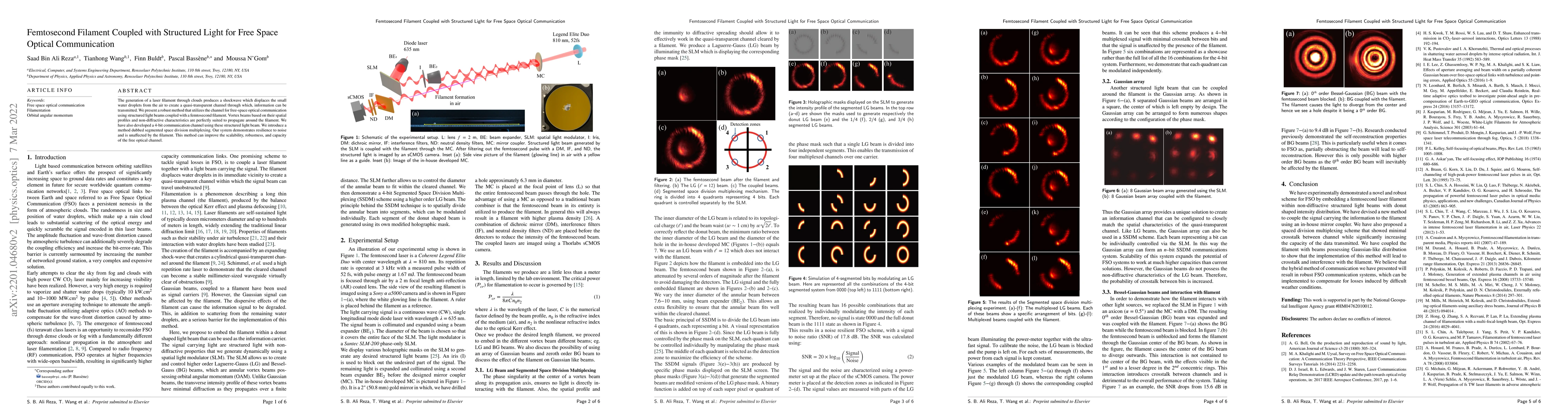 Thumbnail for Femtosecond Filament Coupled with Structured Light for Free Space
  Optical Communication