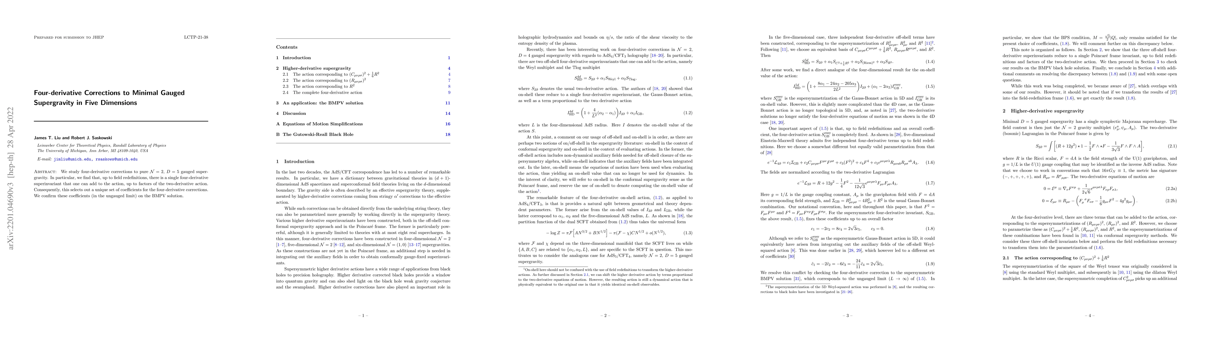 Thumbnail for Four-derivative Corrections to Minimal Gauged Supergravity in Five
  Dimensions