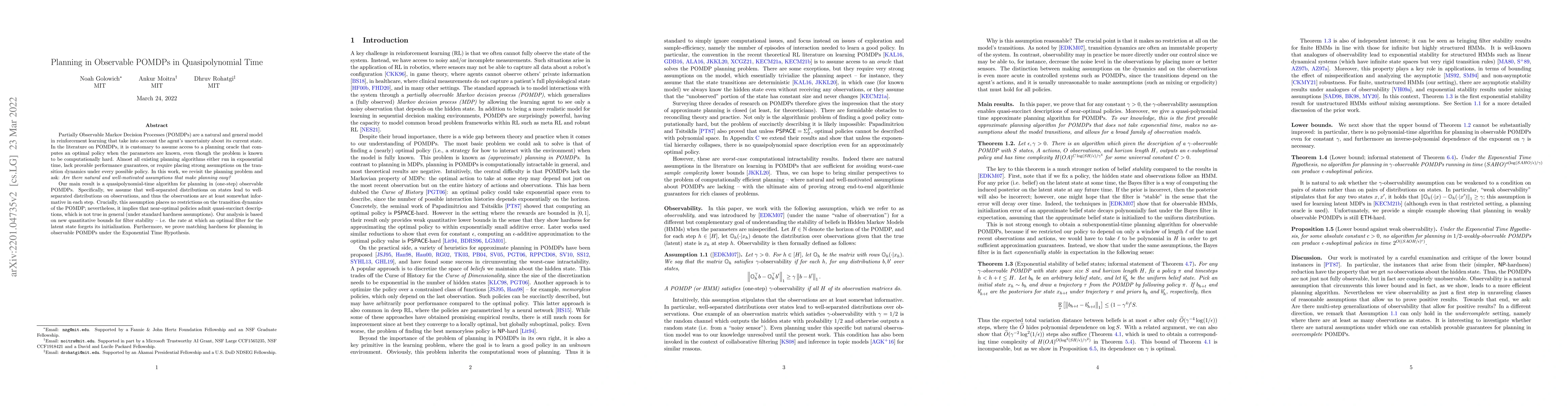 Thumbnail for Planning in Observable POMDPs in Quasipolynomial Time