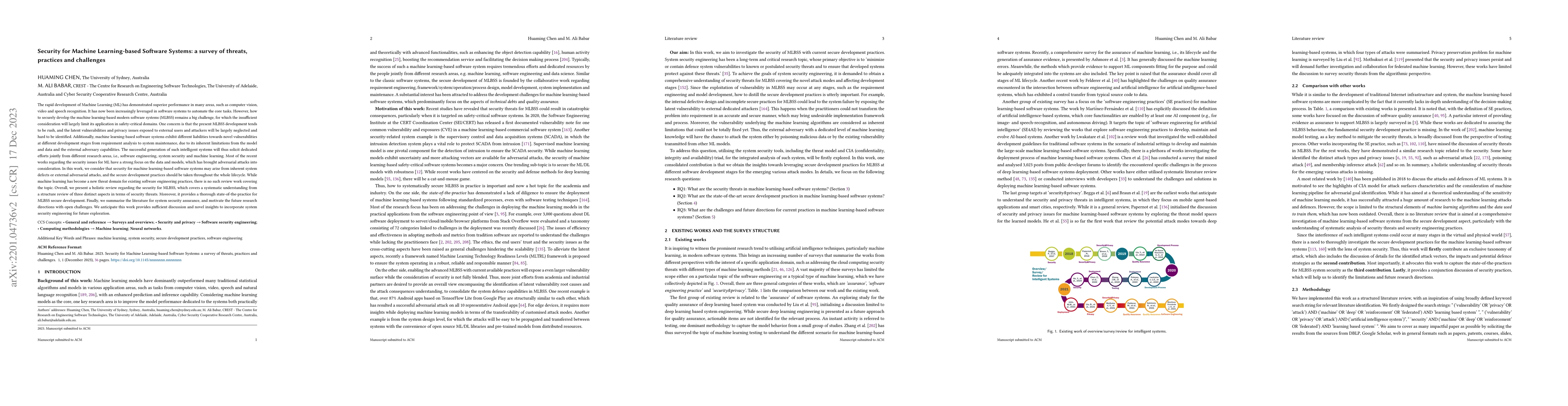 Thumbnail for Security for Machine Learning-based Software Systems: a survey of
  threats, practices and challenges