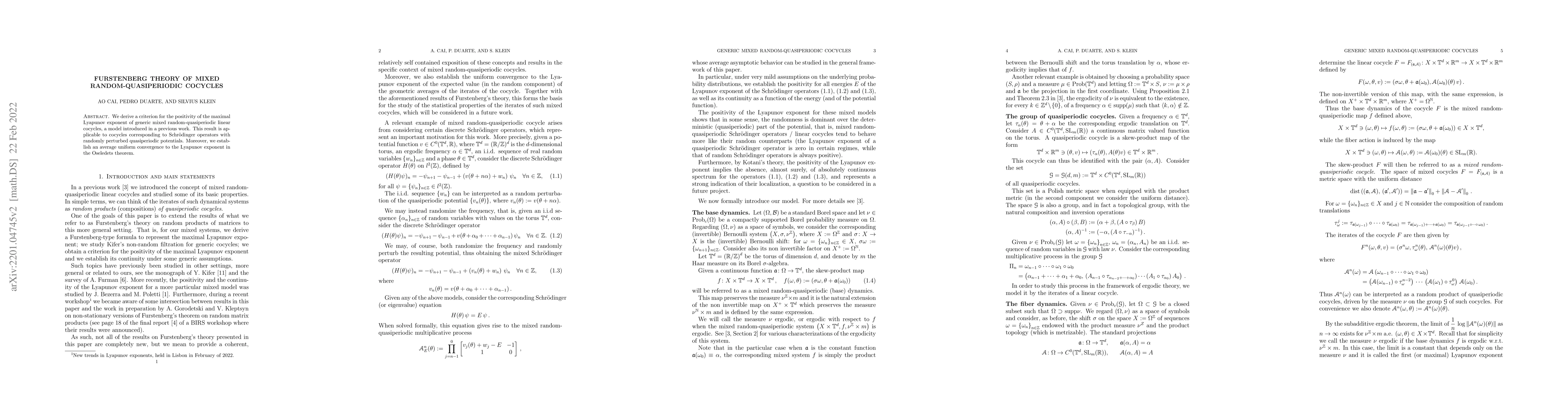 Thumbnail for Furstenberg Theory of Mixed Random-Quasiperiodic Cocycles