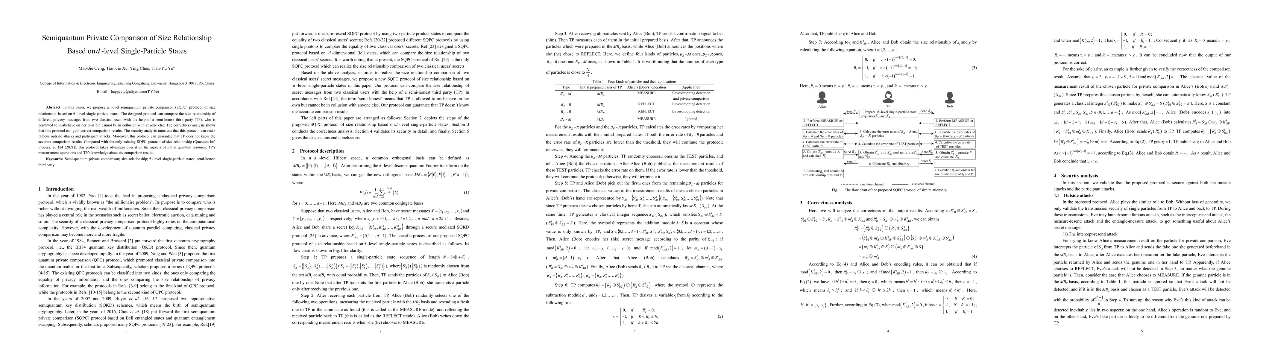 Thumbnail for Semiquantum Private Comparison of Size Relationship Based on d-level
  Single-Particle States