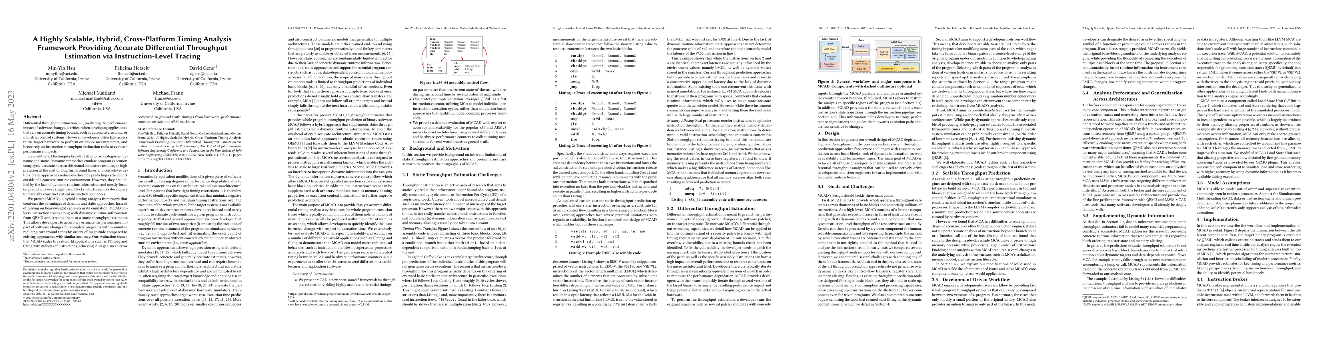 Thumbnail for A Highly Scalable, Hybrid, Cross-Platform Timing Analysis Framework
  Providing Accurate Differential Throughput Estimation via Instruction-Level
  Tracing