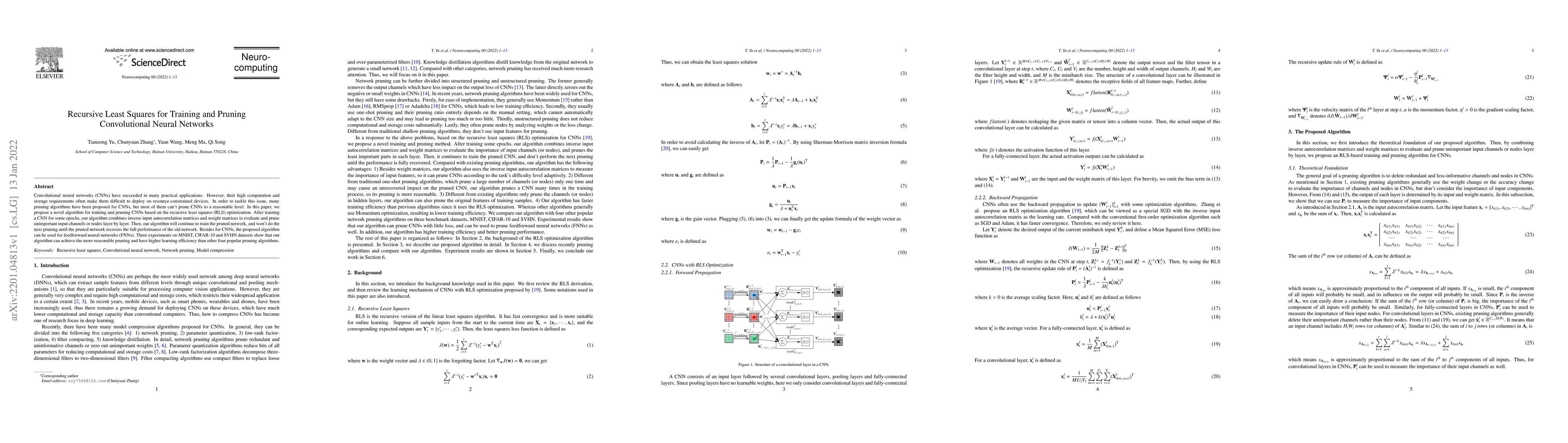 Thumbnail for Recursive Least Squares for Training and Pruning Convolutional Neural
  Networks