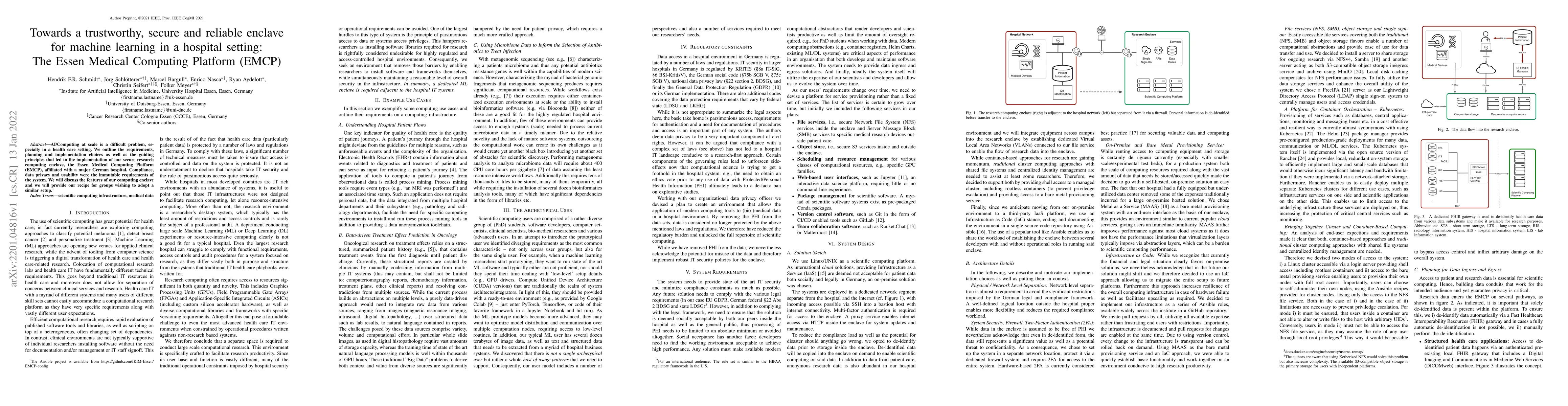 Thumbnail for Towards a trustworthy, secure and reliable enclave for machine learning
  in a hospital setting: The Essen Medical Computing Platform (EMCP)