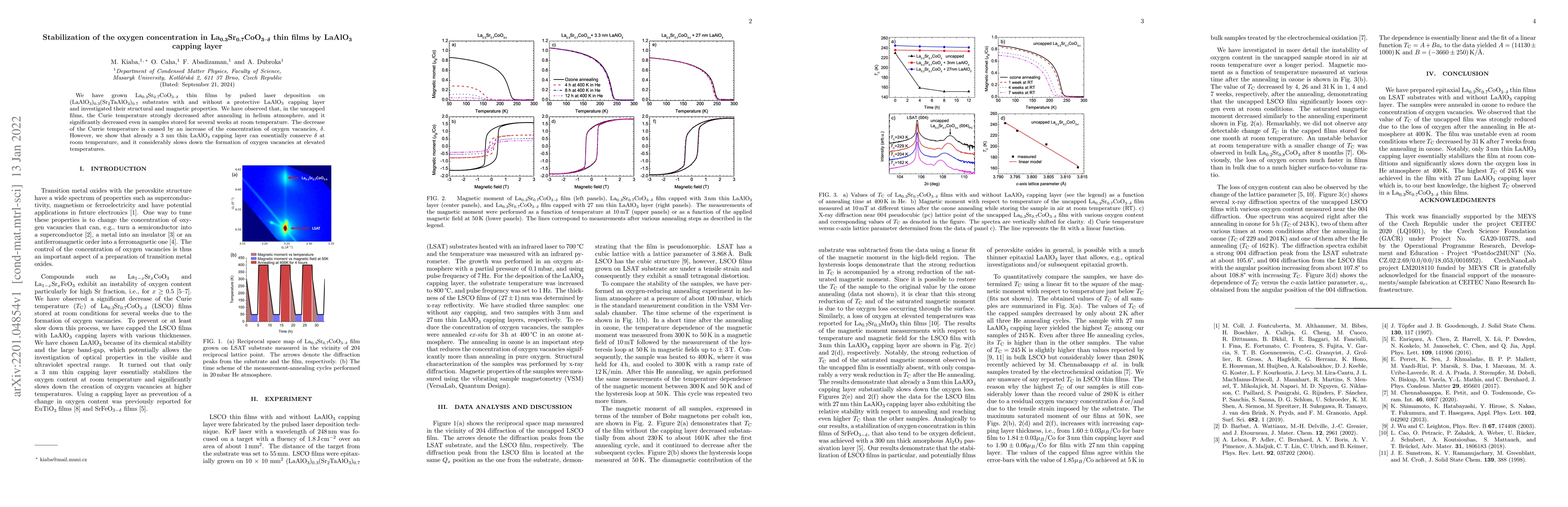 Thumbnail for Stabilization of the oxygen concentration in
  La$_{0.3}$Sr$_{0.7}$CoO$_{3-{\delta}}$ thin films by LaAlO$_3$ capping layer