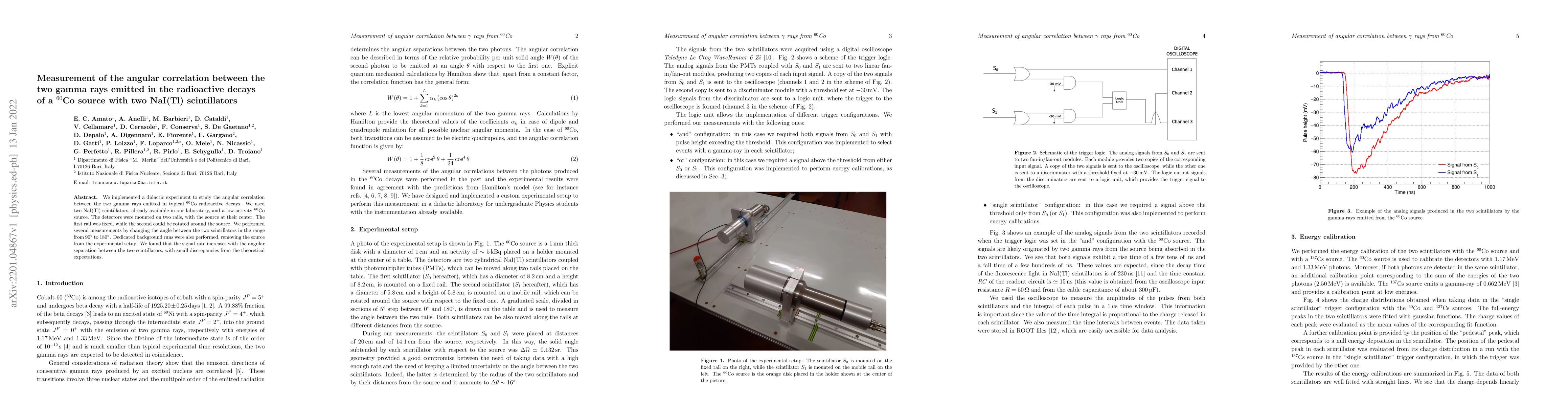 Thumbnail for Measurement of the angular correlation between the two gamma rays
  emitted in the radioactive decays of a $^{60}$Co source with two NaI(Tl)
  scintillator