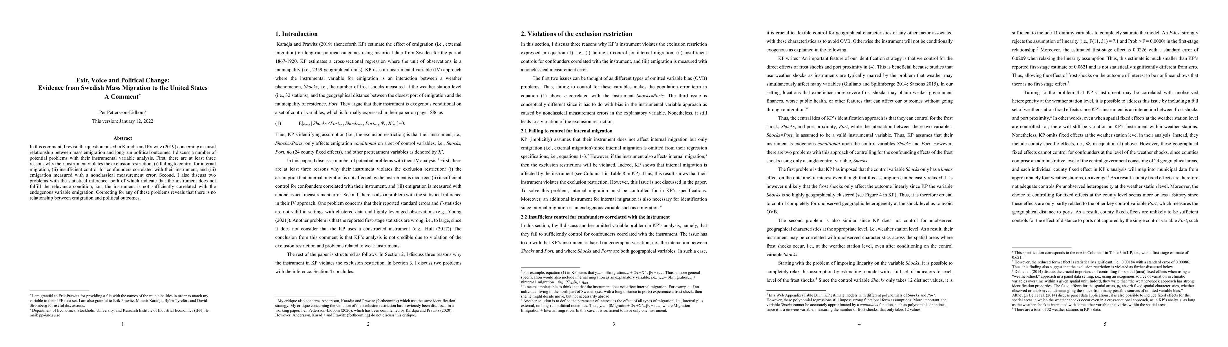 Thumbnail for Exit, Voice and Political Change: Evidence from Swedish Mass Migration
  to the United States; A Comment