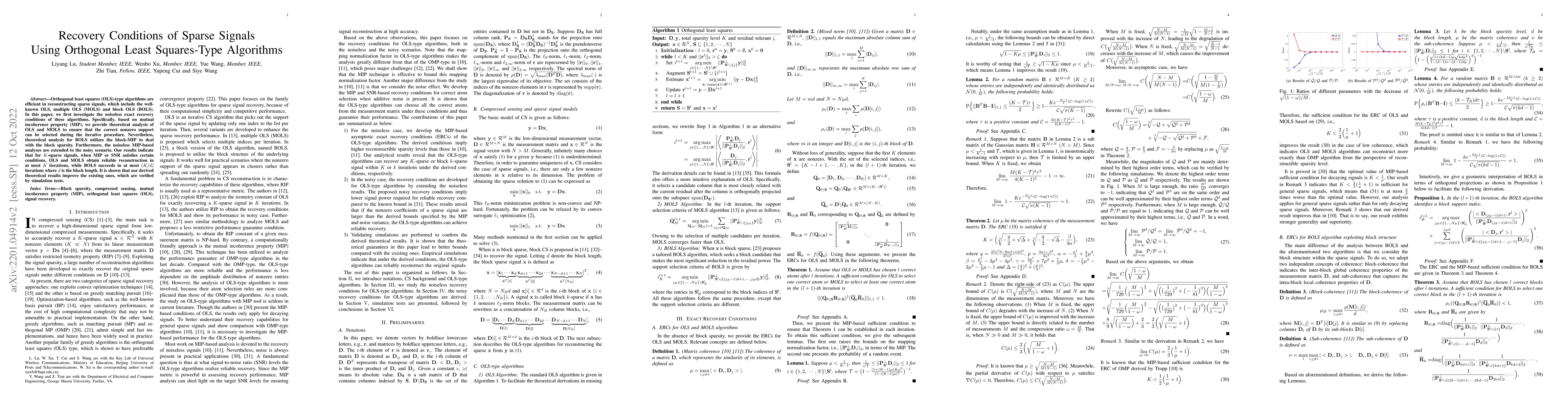 Thumbnail for Recovery Conditions of Sparse Signals Using Orthogonal Least
  Squares-Type Algorithms