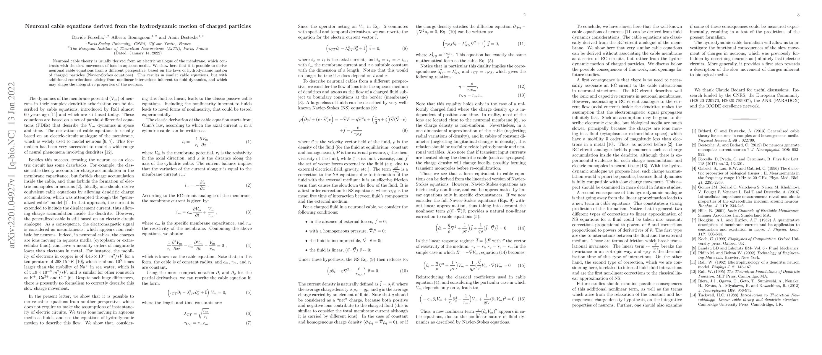 Thumbnail for Neuronal cable equations derived from the hydrodynamic motion of charged
  particles