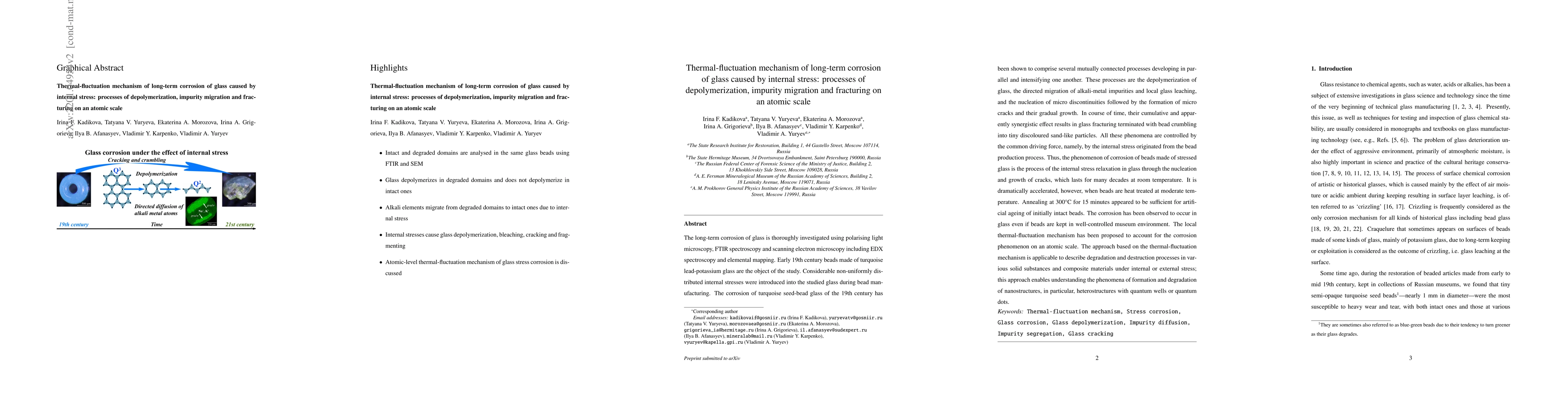 Thumbnail for Thermal-fluctuation mechanism of long-term corrosion of glass caused by
  internal stress: processes of depolymerization, impurity migration and
  fracturing on an atomic scale