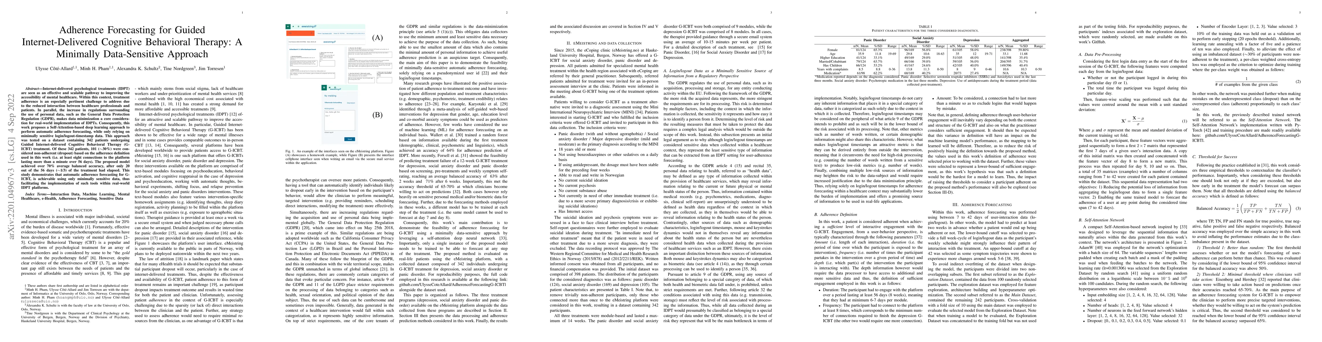 Thumbnail for Adherence Forecasting for Guided Internet-Delivered Cognitive Behavioral
  Therapy: A Minimally Data-Sensitive Approach