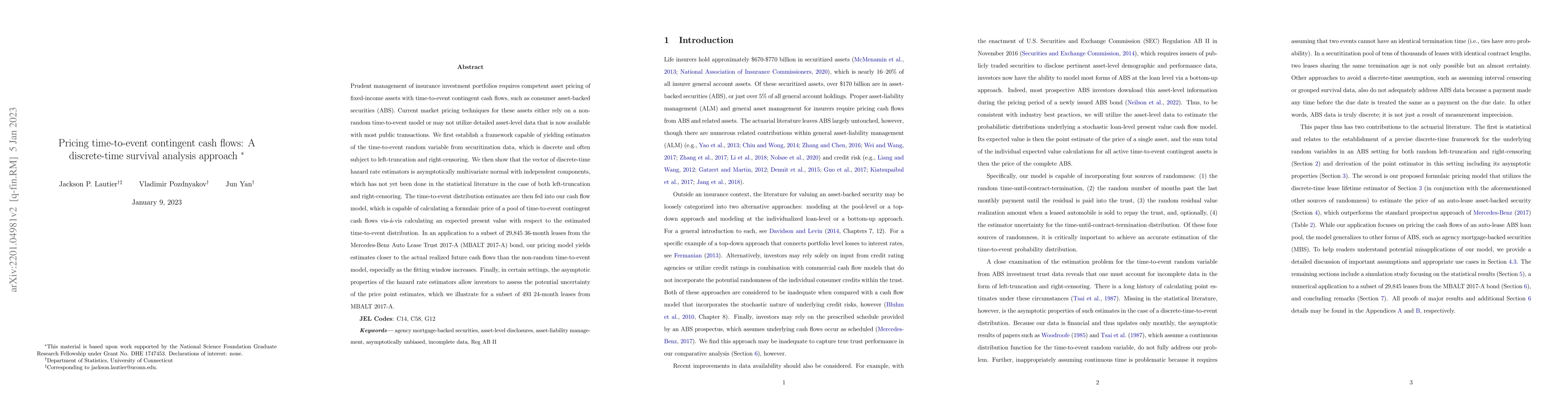 Thumbnail for Pricing Time-to-Event Contingent Cash Flows: A Discrete-Time Survival
  Analysis Approach