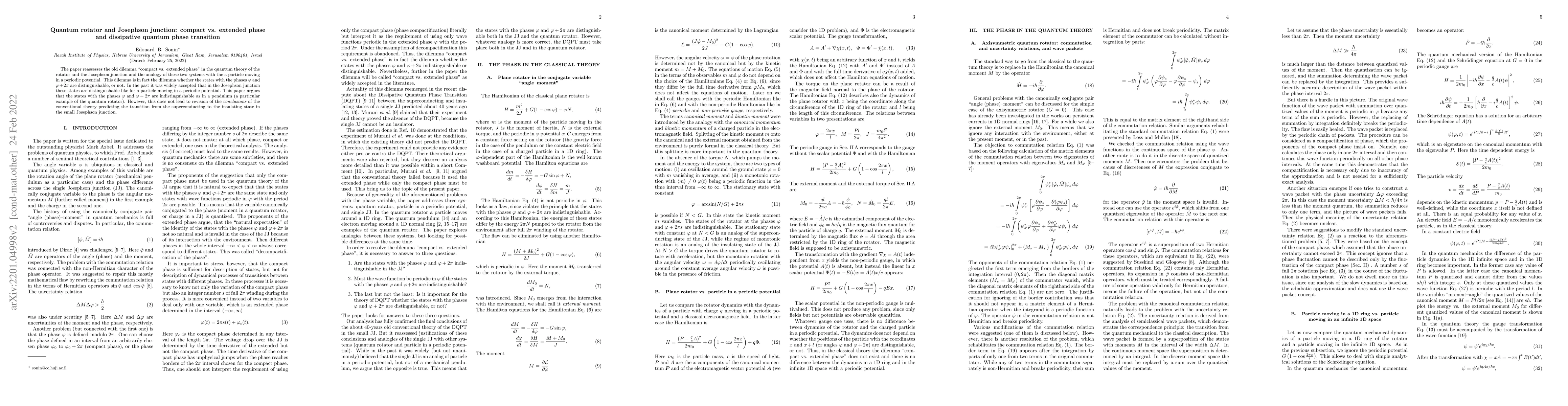 Thumbnail for Quantum rotator and Josephson junction: compact vs. extended phase and
  dissipative quantum phase transition