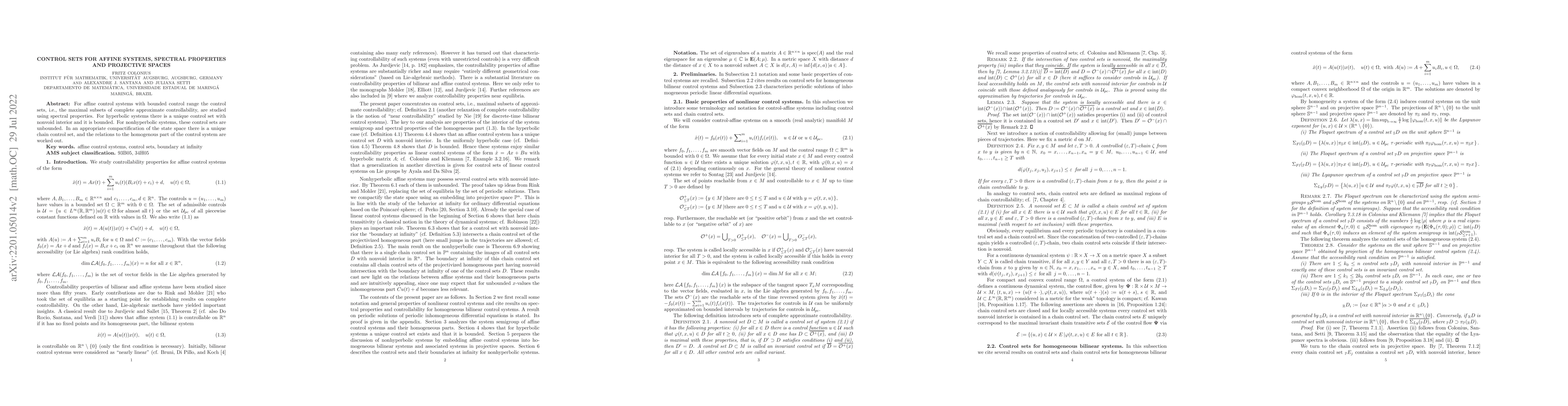 Thumbnail for Control Sets for Affine Systems, Spectral Properties and Projective
  Spaces