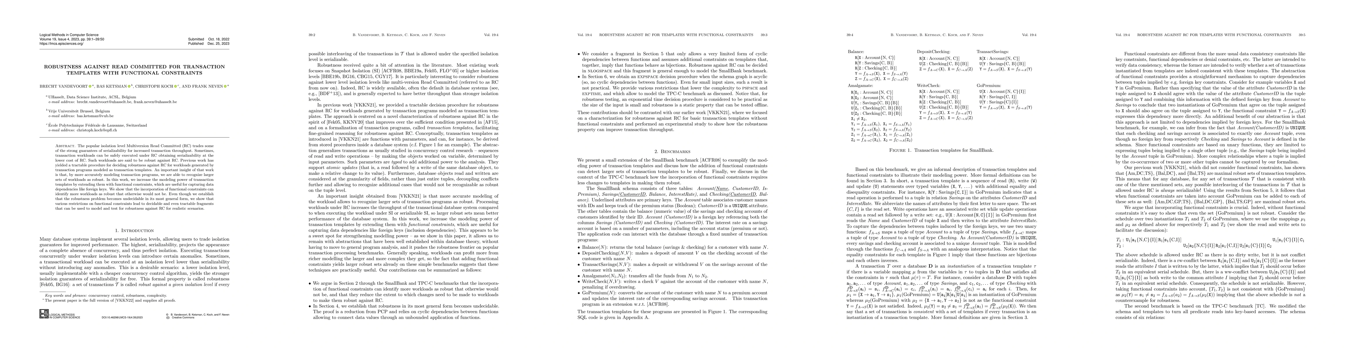 Thumbnail for Robustness against Read Committed for Transaction Templates with
  Functional Constraints