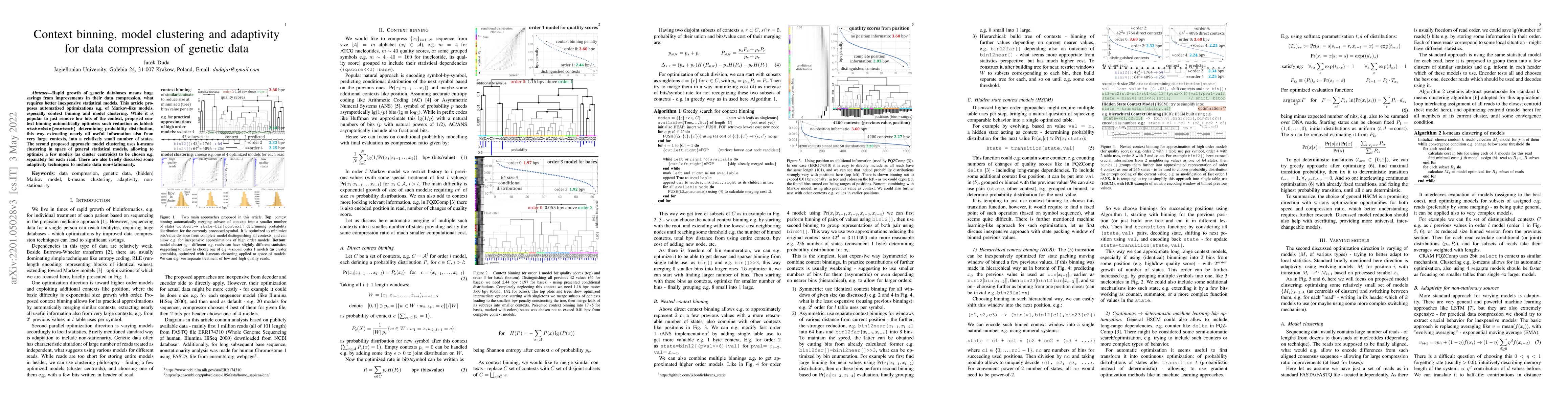 Thumbnail for Context binning, model clustering and adaptivity for data compression of
  genetic data