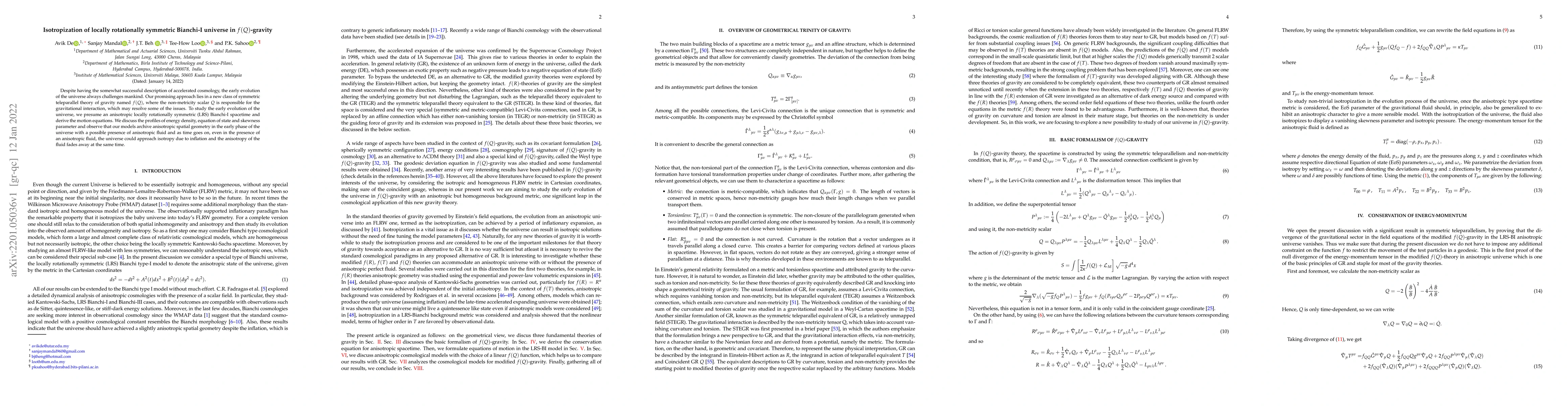Thumbnail for Isotropization of locally rotationally symmetric Bianchi-I universe in
  $f(Q)$-gravity